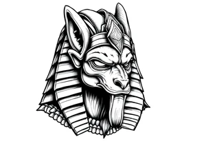 powerful majestic muscle anubis Egyptian god face without eyes with mantle on head tattoo idea