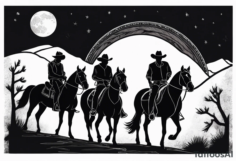 Four cowboys on horses in the moonlight on a dusty trail tattoo idea