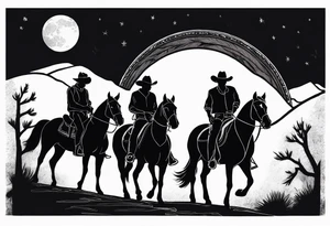 Four cowboys on horses in the moonlight on a dusty trail tattoo idea
