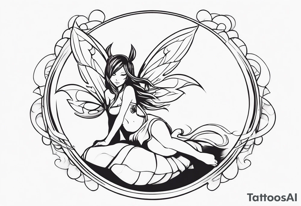 No color sketch of a fairy with a tail inspired by the guild symbol in the anime show called Fairy Tail in a fetal position leaning in and forward while crawled in tattoo idea