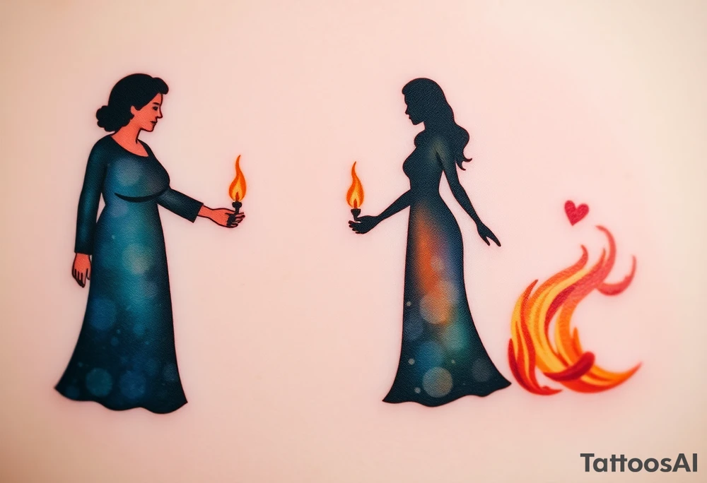 Silhouette of grandmother, mother and daughter passing a flame from oldest to youngest with the flame growing as it goes. tattoo idea