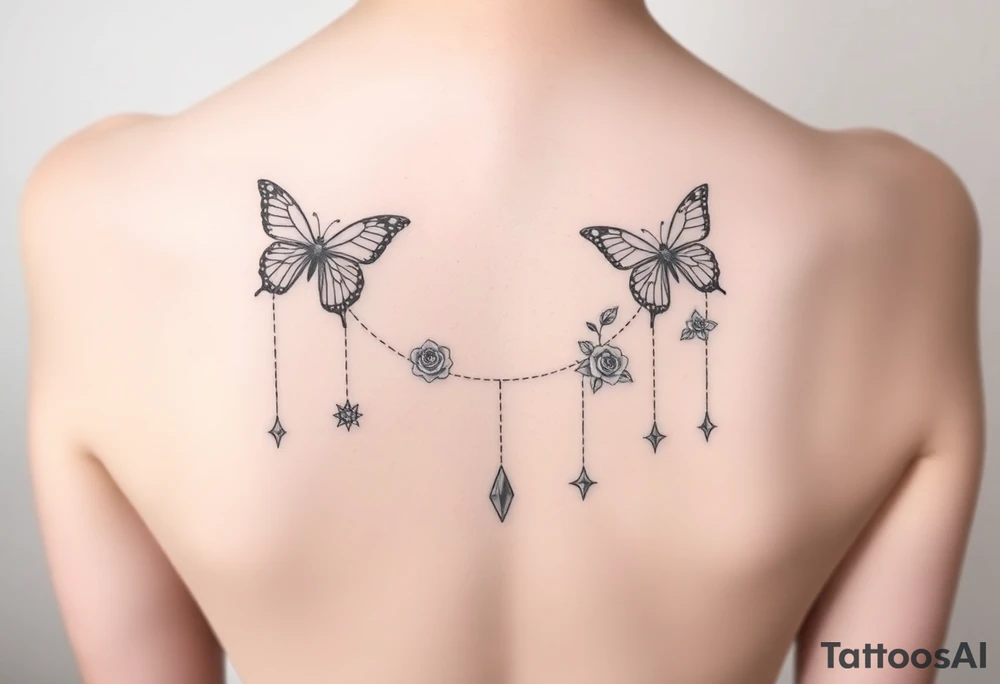 Butterflies, roses, gemstones on chains, stars tattoo idea