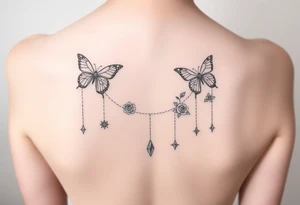 Butterflies, roses, gemstones on chains, stars tattoo idea