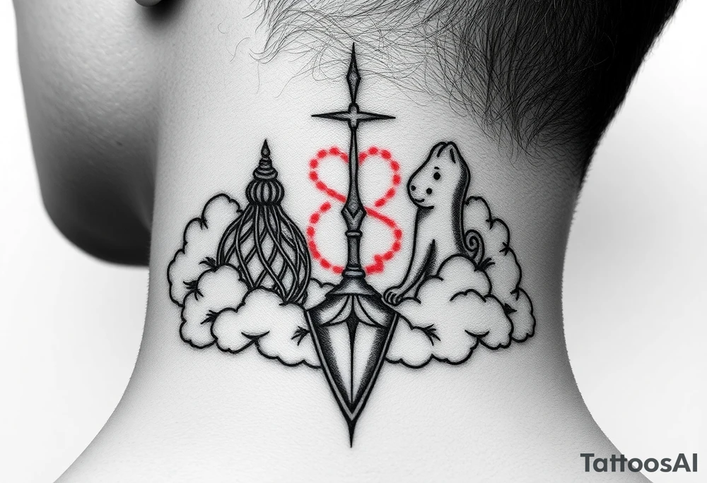 spiritual meaning objects with clouds in the background including hits of red tattoo idea