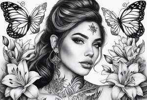 Harvey Ruby lillies flowers butterflies stars fantasy books half sleeve no person face tattoo idea