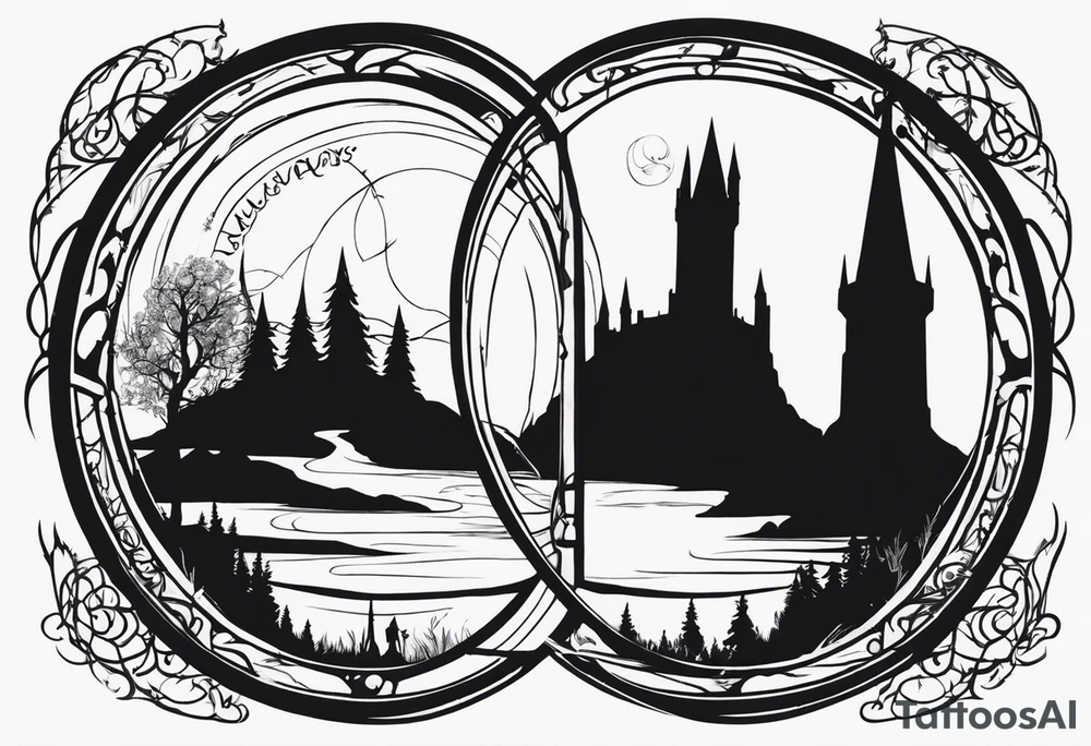 Lord of the rings. Small and very simple. Include Round hobbit door, gandalfs staff, barad dur silhouette in background, the word “always” subtly somewhere, Harry Potter wands tattoo idea