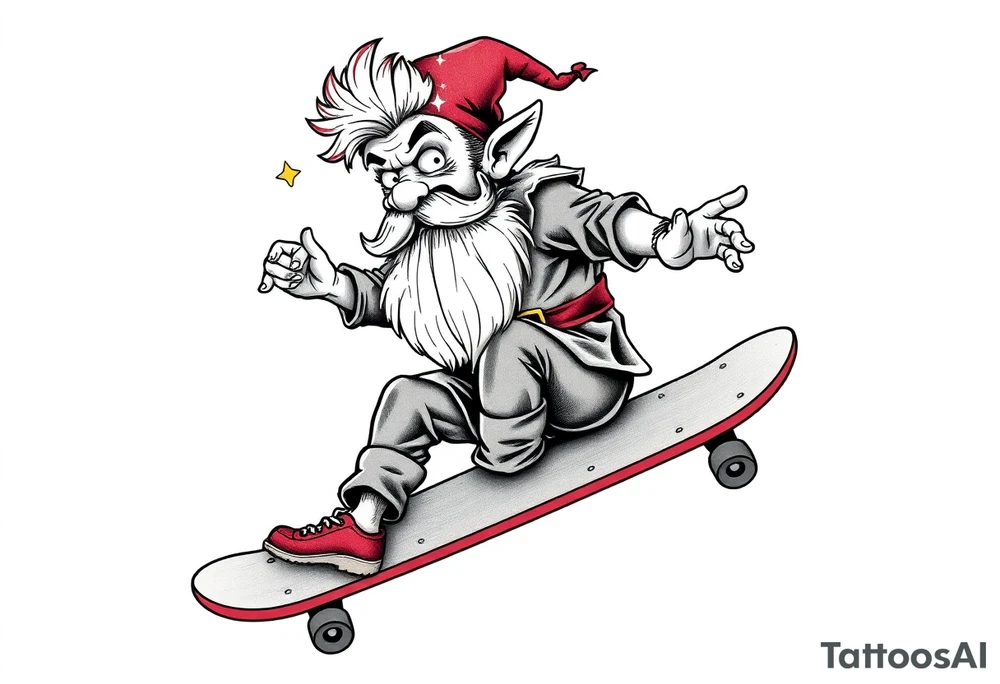 an old bearded peter pan riding a skateboard tattoo idea