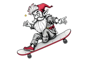 an old bearded peter pan riding a skateboard tattoo idea