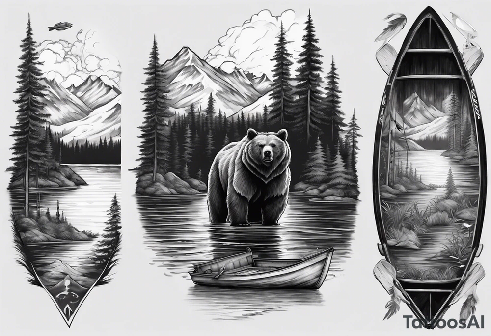 bear head right above the forest line with a lake below with a small fisher boat floating on it, full sleeve tattoo tattoo idea
