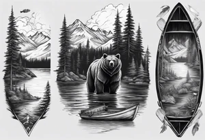 bear head right above the forest line with a lake below with a small fisher boat floating on it, full sleeve tattoo tattoo idea