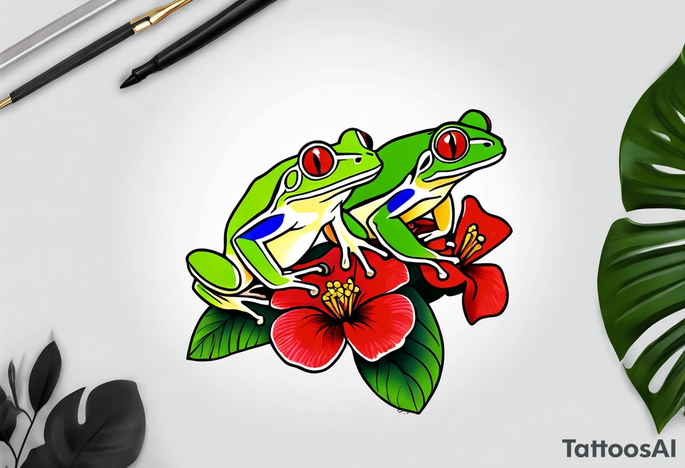 2 Red-eye tree frogs sitting on a flower tattoo idea