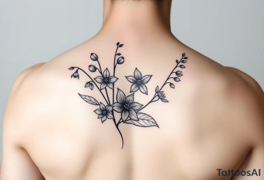 Minimalist design in black bunch of flowers 1 lily of the valley 1 daffodil 1 holly 1 larkspur tattoo idea
