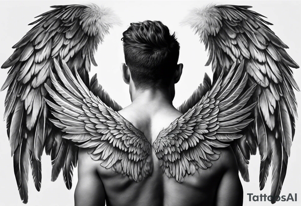 Realistic angel wings extending from a mens shoulders, covering the upper arms and upper back. The feathers are intricately detailed, with soft shading in black and gray to create depth and texture. The wings gently converge in the middle of the back, forming a harmonious and cohesive design. tattoo idea