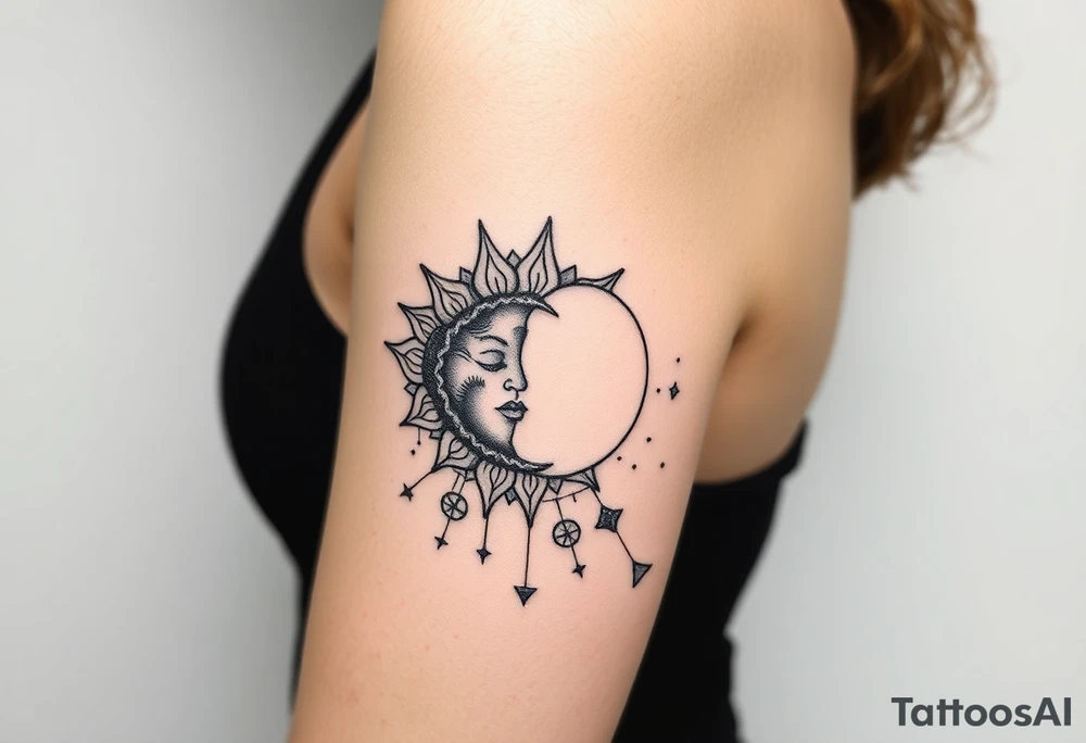 celestial sun and moon embrace with constellation patterns tattoo idea