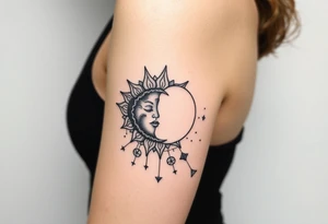 celestial sun and moon embrace with constellation patterns tattoo idea