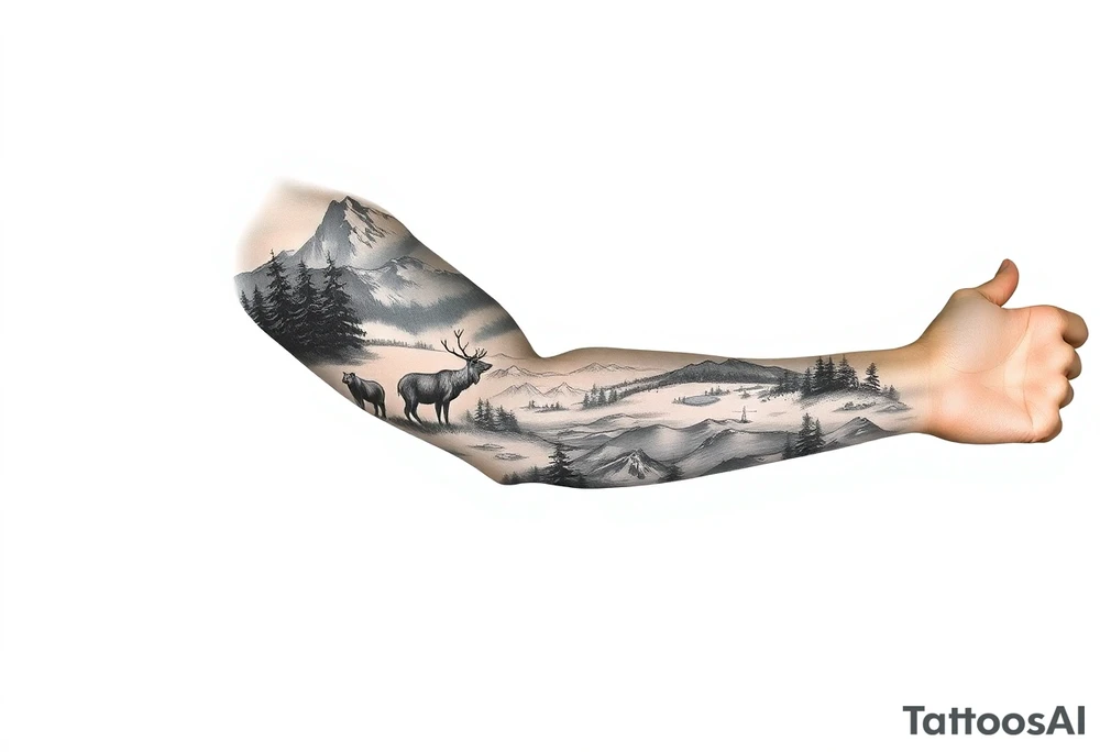 A full-sleeve with the Härjedalen landscape, reindeer, bear, lakes, mountains (Helags), tattoo idea