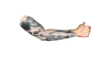 A full-sleeve with the Härjedalen landscape, reindeer, bear, lakes, mountains (Helags), tattoo idea