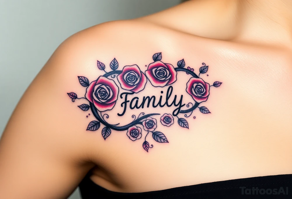 A swirling infinity symbol made of delicate roses, with the word "family" carved into the petals tattoo idea