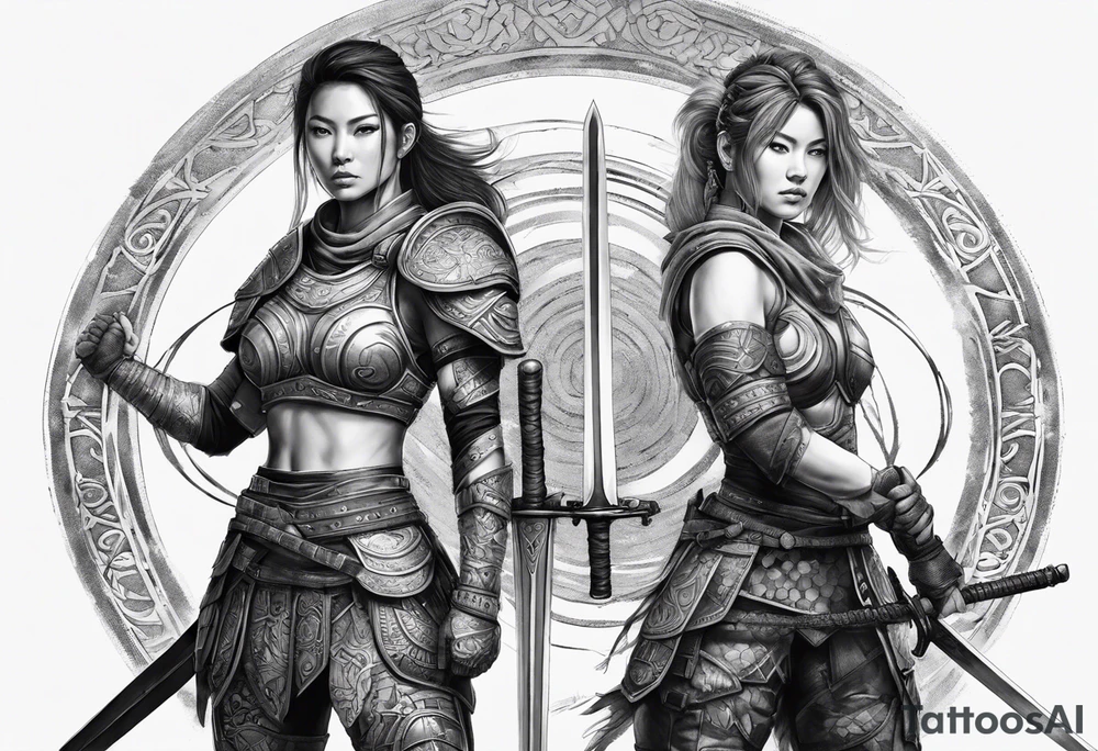 3 female warriors in full body armor wielding dual swords, you can only see their backs, in front of a incomplete enso circle tattoo idea