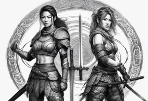 3 female warriors in full body armor wielding dual swords, you can only see their backs, in front of a incomplete enso circle tattoo idea