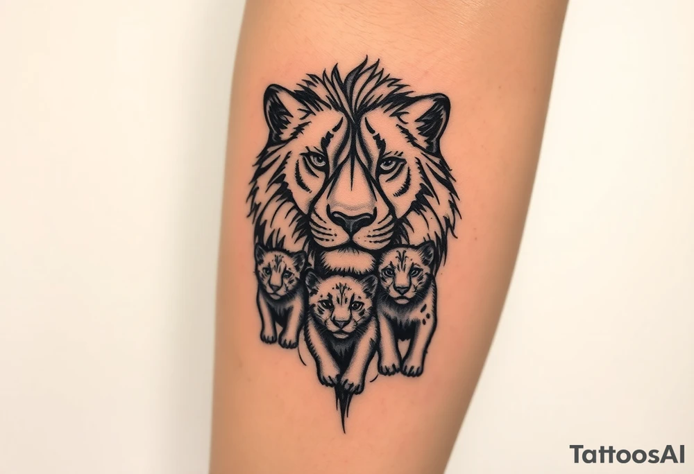 Tribal half male lion half 3 female cubs tattoo idea