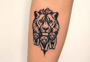 Tribal half male lion half 3 female cubs tattoo idea