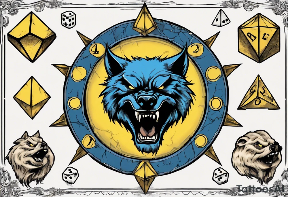 A large 20 sided Dice in the center and the front with numbers on the dice and wolverine claw marks framing the area underneath the dice and a werewolf howling at the moon in the background, and blue and yellow faded background color tattoo idea