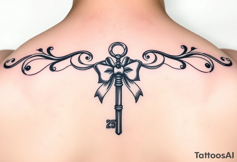 antique brass key with delicate bow tattoo idea
