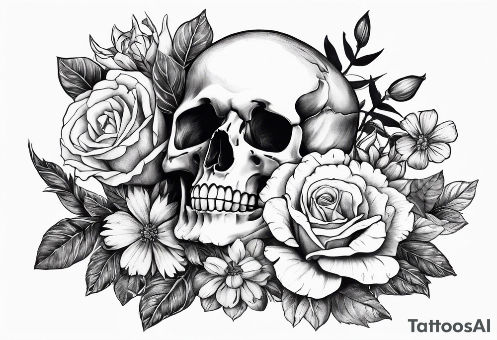 Skeleton hand holding bouqet of flowers tattoo idea