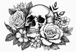 Skeleton hand holding bouqet of flowers tattoo idea