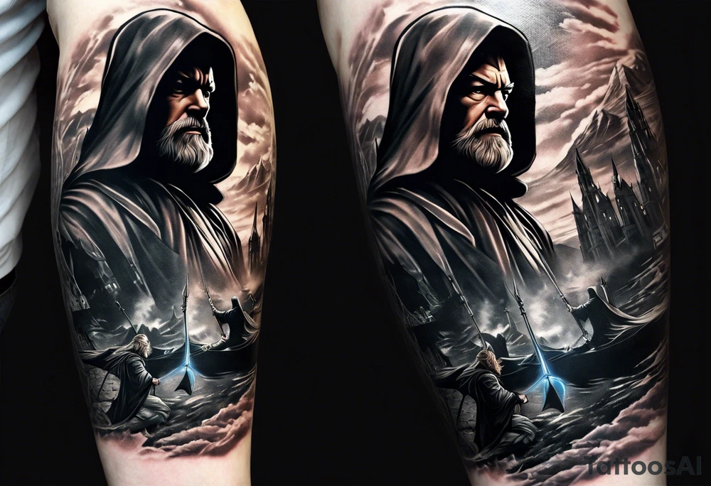 Full arm sleeve tattoo extending from shoulder to wrist featuring Obi Wan Kenobi battling Batman at Helms Deep from Lord of the Rings tattoo idea