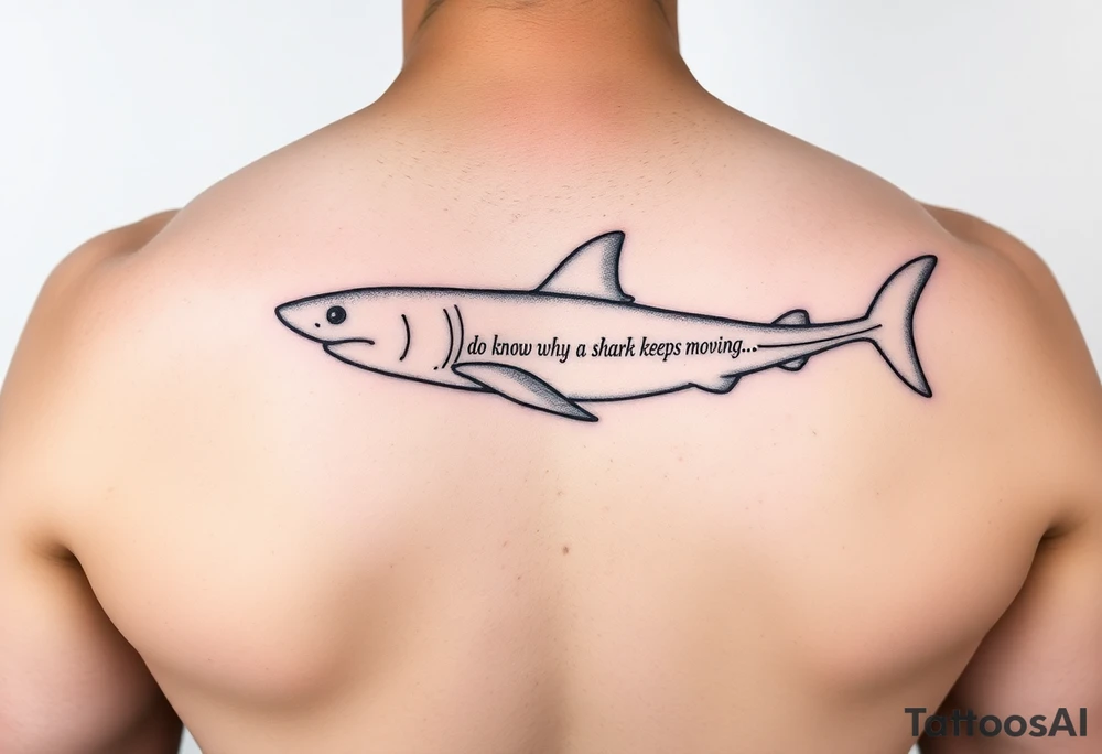 Whale shark on back by spine with the words “do you know why a shark keeps moving”wrapped around the shark tattoo idea