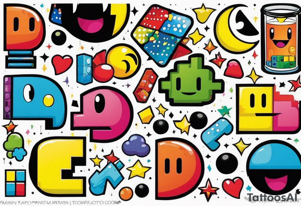 Sleeve containing Pac-Man, Marvin the Martian, Tetris games tattoo idea