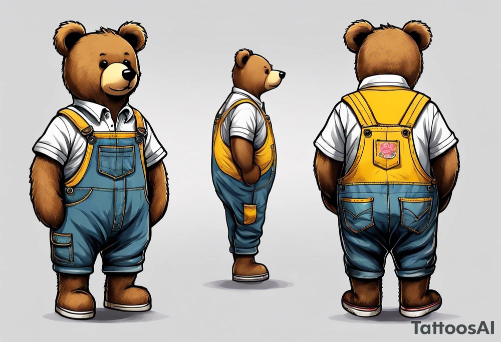the back of a standing, skinny, brown ,
teddy bear in long, yellow overalls tattoo idea