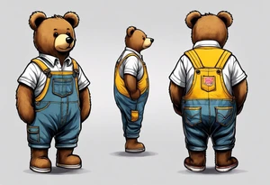 the back of a standing, skinny, brown ,
teddy bear in long, yellow overalls tattoo idea
