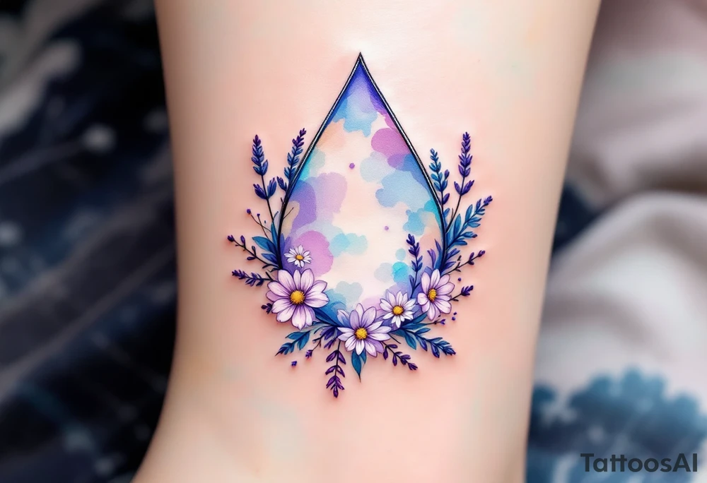 A delicate teardrop shape filled with soft watercolor splashes in shades of blue and purple, surrounded by tiny, fine line flowers like lavender and daisies, symbolizing healing and renewal. The colors should bleed into one another, creating a soft and flowing effect. tattoo idea