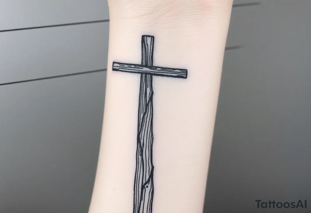 a wooden 12kv distribution pole with electrical lines. Make the pole a cross that has a hidden resemblance to god. tattoo idea