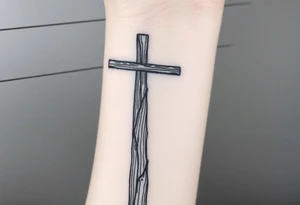 a wooden 12kv distribution pole with electrical lines. Make the pole a cross that has a hidden resemblance to god. tattoo idea