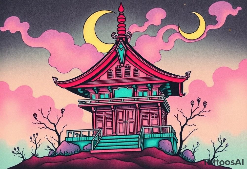 Tim Burton’s haunted pastel Tokyo shrine is abandoned and dripping with muted reds, dusty pinks, and eerie green glow.purple and cyan smokey clouds swirl in the crescent moonlit sky thats sprinkled with stars tattoo idea tattoo idea