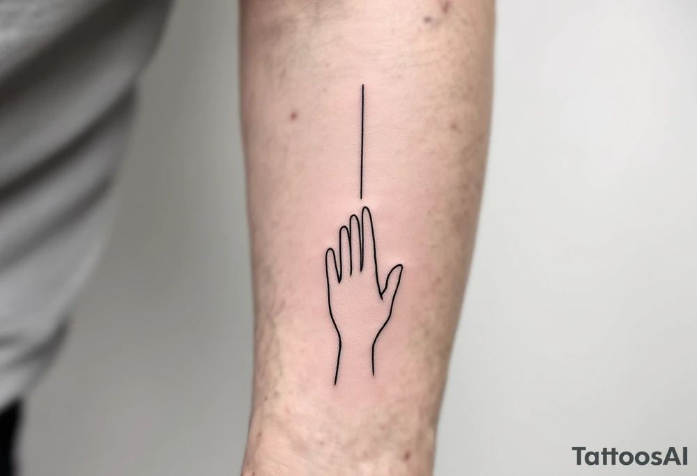 Minimalistic black line tattoo of a simple hand outline reaching toward a thin ray of light, clean and abstract design tattoo idea