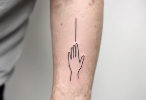 Minimalistic black line tattoo of a simple hand outline reaching toward a thin ray of light, clean and abstract design tattoo idea