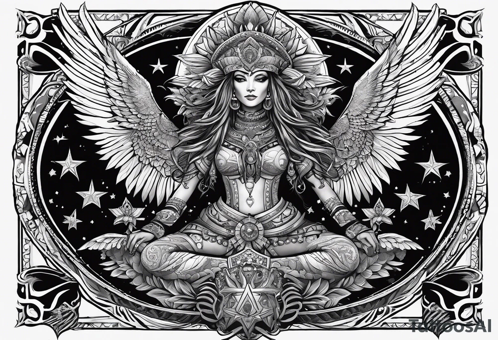 black kali, goddess pirate, alien, pachamama, valkrye, warrior, skull, lotus azul, wing, eagle, zenza resonance, stars, 5D tattoo idea