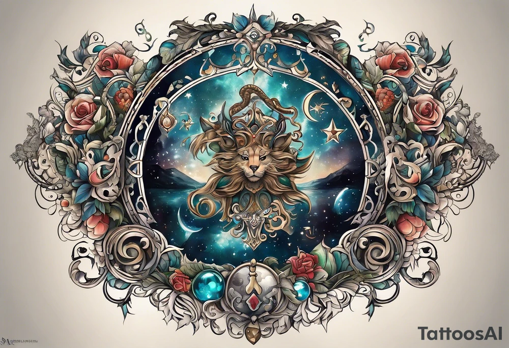 A tattoo design inspired by southern Italian folklore tales, incorporating mystical creatures and celestial objects such as moons and stars, reflecting the client's love for folklore and celestial objects. tattoo idea