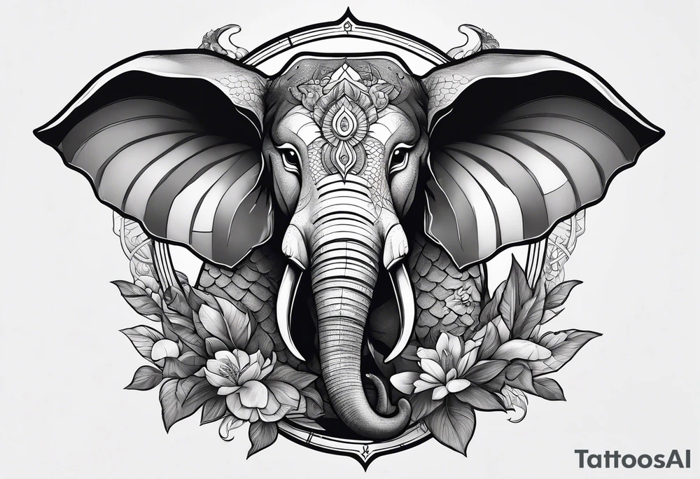 rabbit with gun fighting with dragon and evil elephant tattoo idea