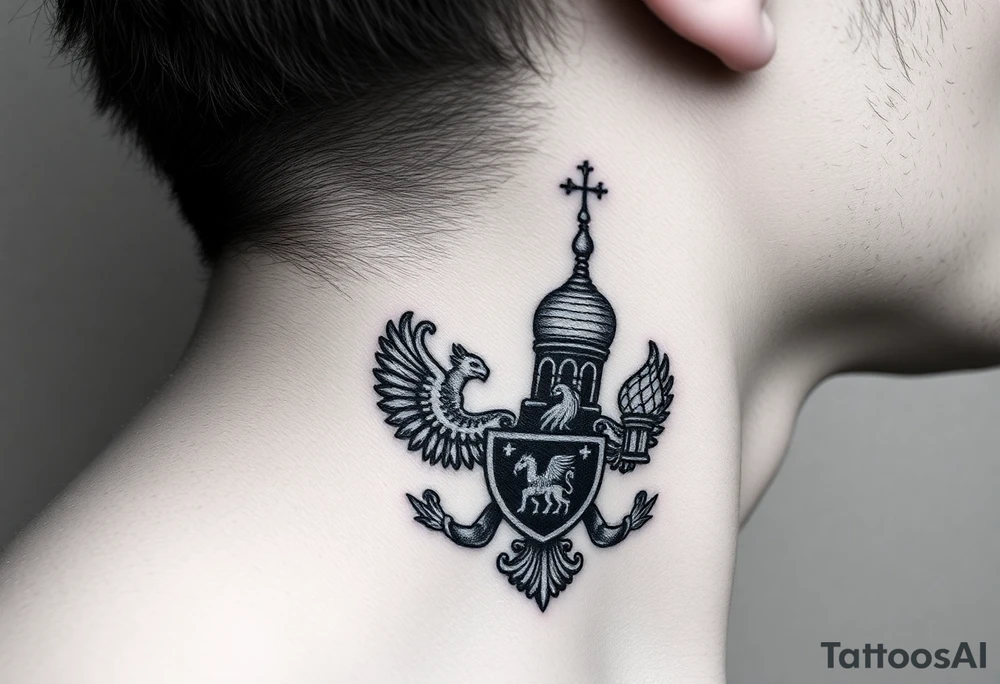 russian coat arms in a russian christian orthodox style virgin mary & orthodox dome church on the side of the neck tattoo idea