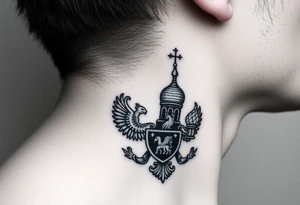 russian coat arms in a russian christian orthodox style virgin mary & orthodox dome church on the side of the neck tattoo idea
