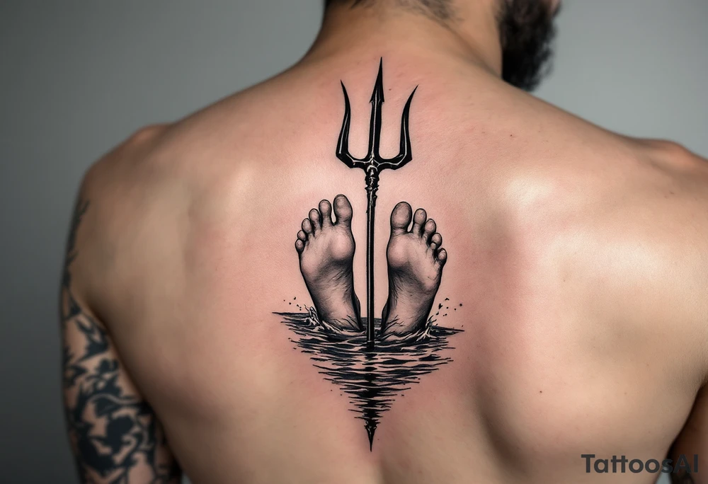 barefeet behind trident half way under water and sunset tattoo idea