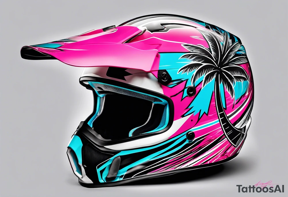 Formula 1 Helment with the Miami logo a palm tree and pink black and light blue colors tattoo idea
