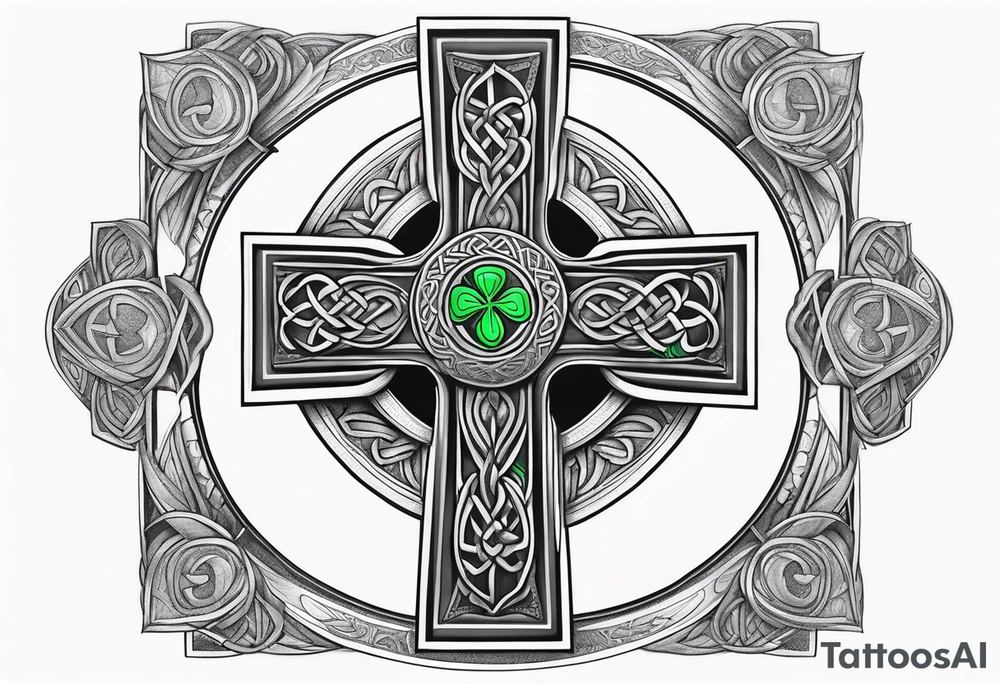 Celtic cross, shamrock in center of cross, one Indian feather hanging from each side arm of cross tattoo idea