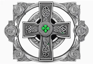 Celtic cross, shamrock in center of cross, one Indian feather hanging from each side arm of cross tattoo idea